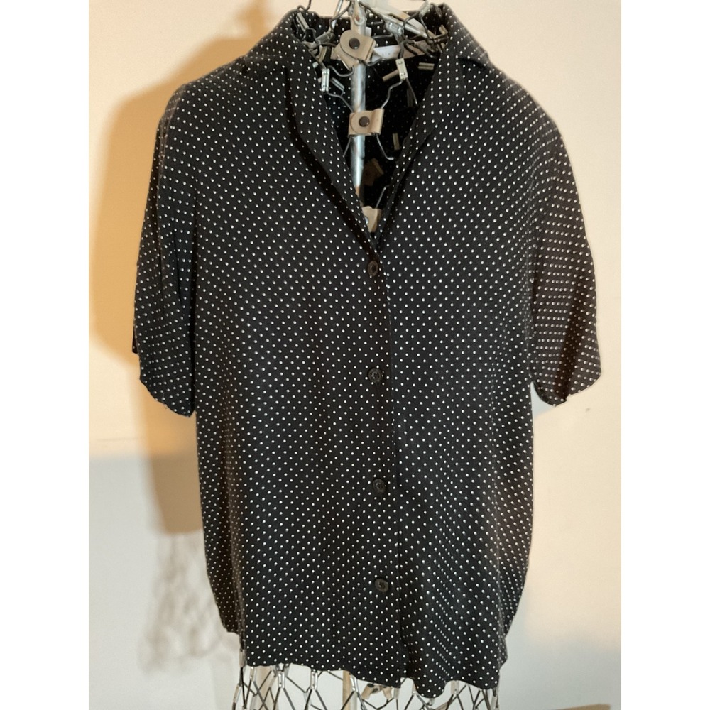 Nicole Miller New York Polka Dot Short Sleeve Button Down Shirt Black White S